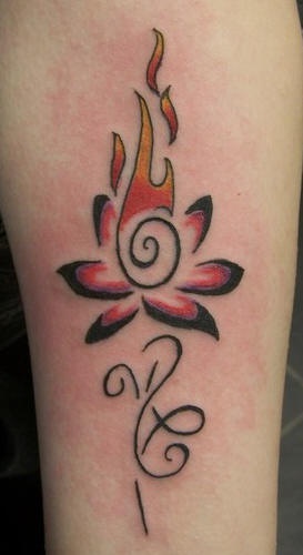 Tribal lily flower on fire tattoo
