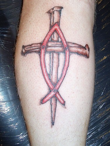 Ichthys on cross tattoo in colour