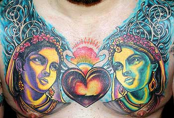Indian girls faces and heart on chest in colour