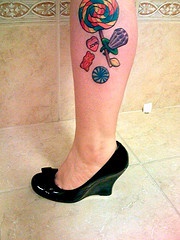 Leg tattoo, parti-coloured candies, bear, heart, for child
