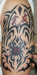 Big tribal shoulder tattoo with characters