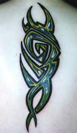 Green and black ink tribal sign tattoo