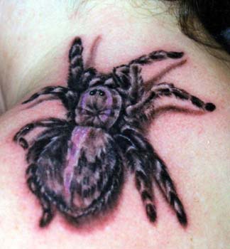 Un realistico tatto di ragno colorato sulla spalla