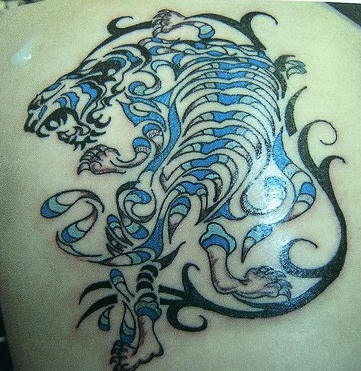 Amazing tribal tracery blue tiger tattoo