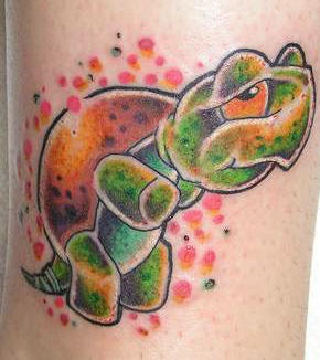 Colored tattoo with sad small turtle