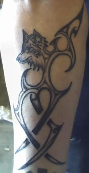 Tatuaggio sulla gamba il disegno & la testa del lupo