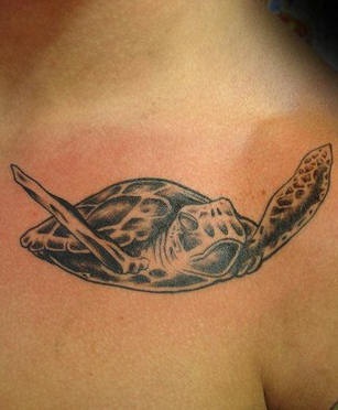 Swimming turtle tattoo in black ink