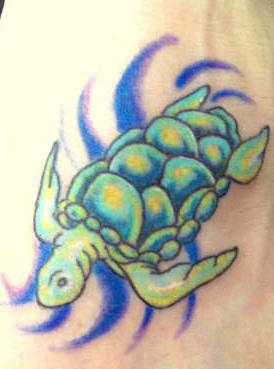Swimming green turtle with blue sign tattoo