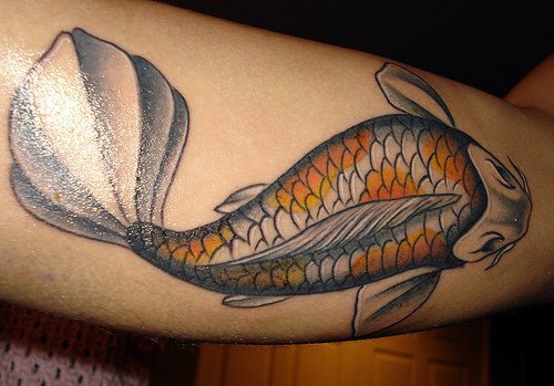 Gold fish upper arm tattoo