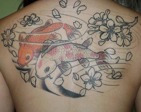 Tatuaggio grande sulla schiena le carpe koi & i fiori bianchi