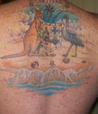 Tattoo ostrich and kangaroo on upper back holding blazon