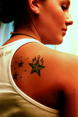 Tattoo for mom  on upper back with designed stars