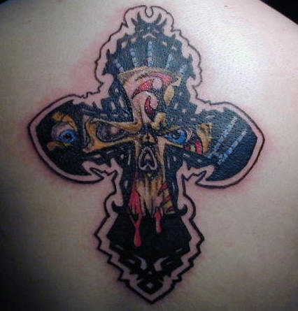 Awful cross tattoo with eyes and blood on upper back