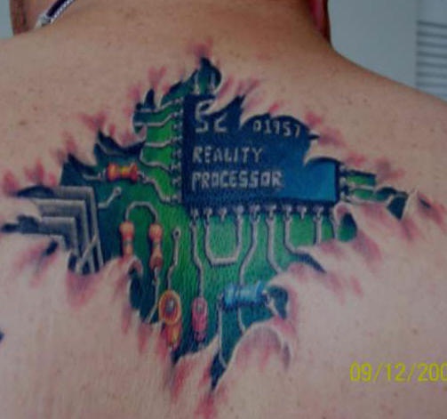 Mechanical tattoo reality processor  on upper back