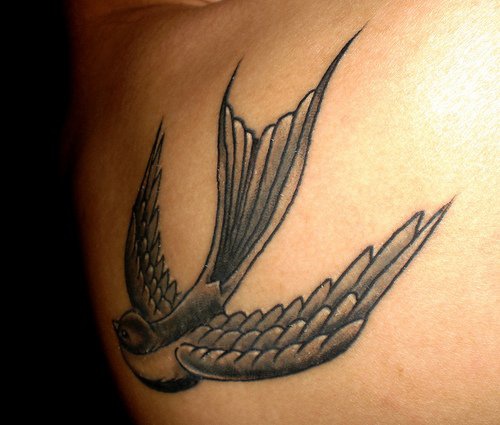 Flying swallow on upper back fine tattoo