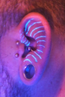 Ultraviolet ink tattoo in ear