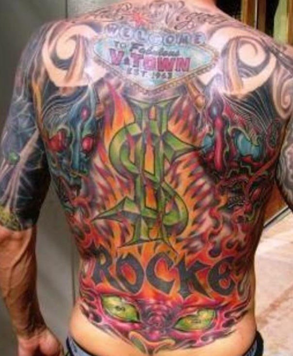 Vegas casino colourful full back tattoo