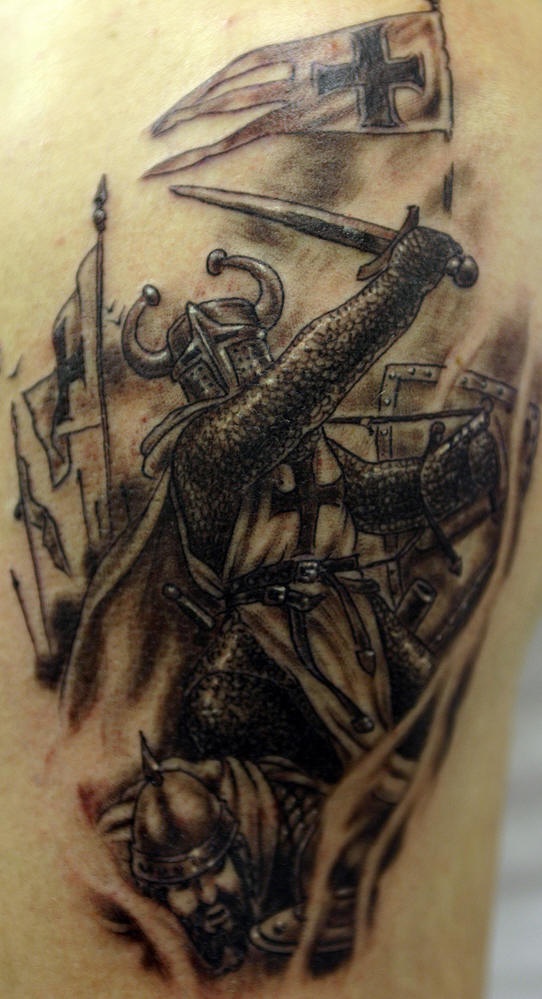 Black warrior battle tattoo with flags - Tattooimages.biz