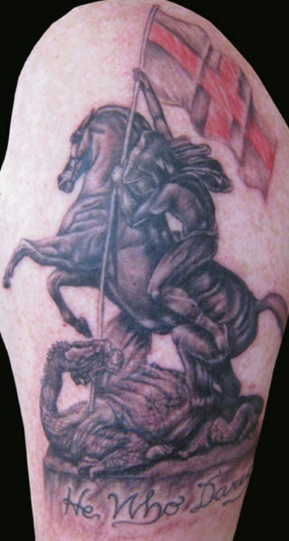 Warrior on horse tattoo with dragon, flag and inscription