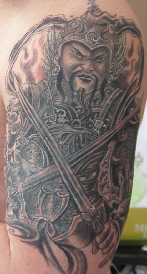 Asian angry warrior tattoo with two small swords