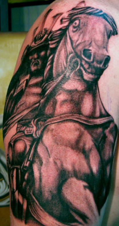 Dark warrior tattoo with big horse