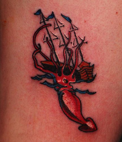 Octopus attacked a ship on tattoo