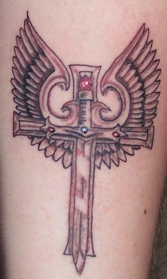 Winged cross  sword with gems tattoo