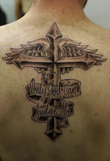 Winged cross memorial tattoo on upper back