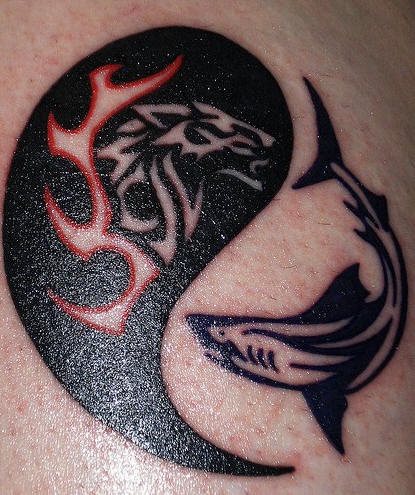 Yin yang with wolf and shark tattoo