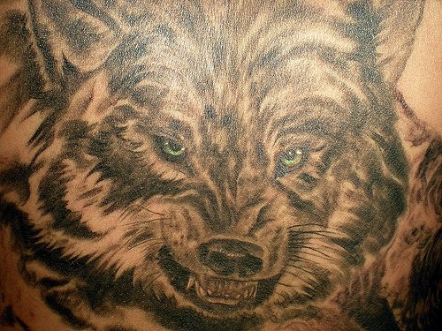 Irate wolf showing teeth on tattoo