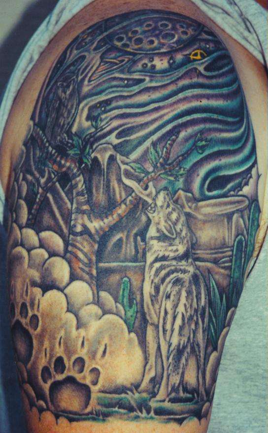 Tattoo with wolf in magic forest