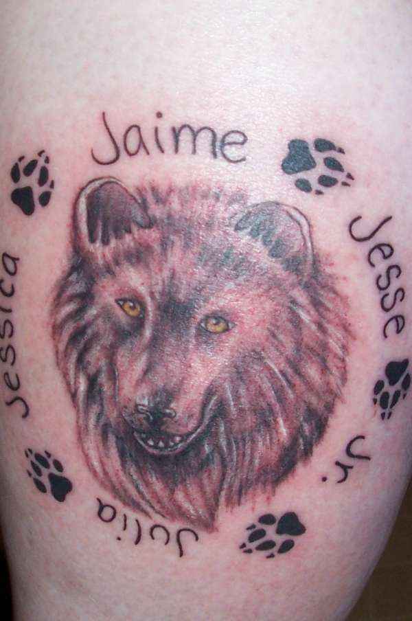 Wolf tattoo with circle of the names