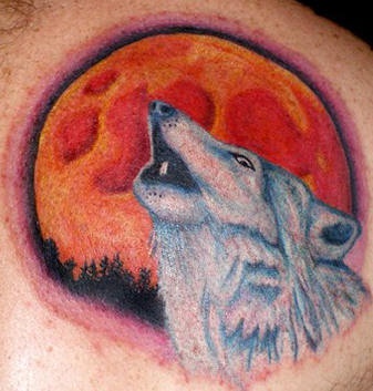 Wolf tattoo with a red moon