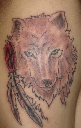 Nice wolf tattoo with feather