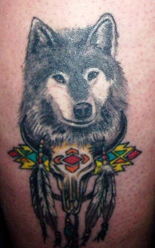 Schönes Tattoo Wolf mit Federn und farbigem Dekor