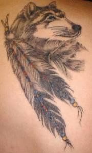 Wolf tattoo with two big feathers
