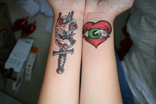 Le tatouage de deux poignets d'un  cœur avec un œil et un poignard