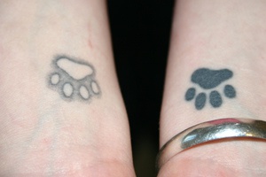 Le tatouage de deux poignets avec des empreintes de pattes en noir et blanc
