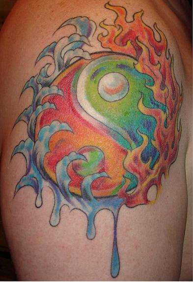 Colorful yin yang tattoo with water & fire
