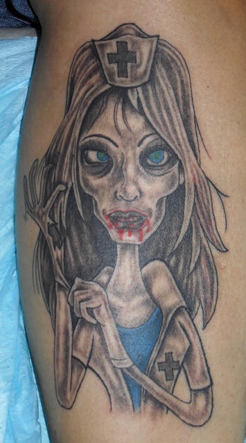 Funny zombie nurse tattoo