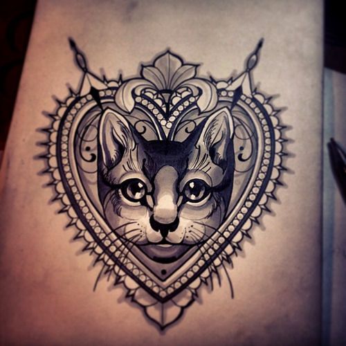 Symmetrical cat tracery black ink tattoo