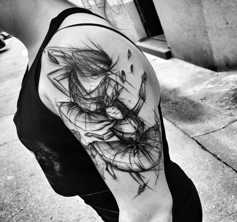 Esquisse de tatouage peinte par Inez Janiak sur le bras d&quotune danseuse