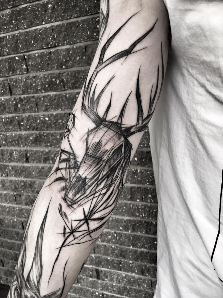 Tattoo sketch painted by Inez Janiak sleeve tattoo of big deer