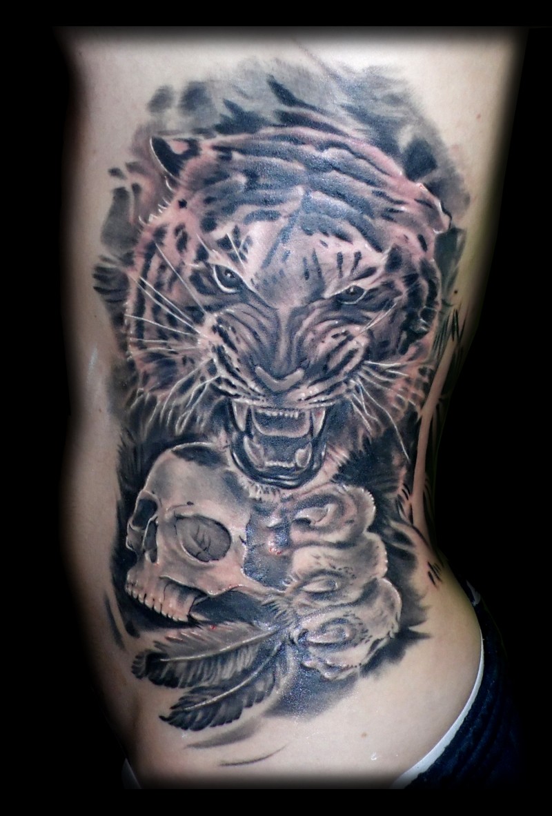 Tiger and skull black ink tattoo
