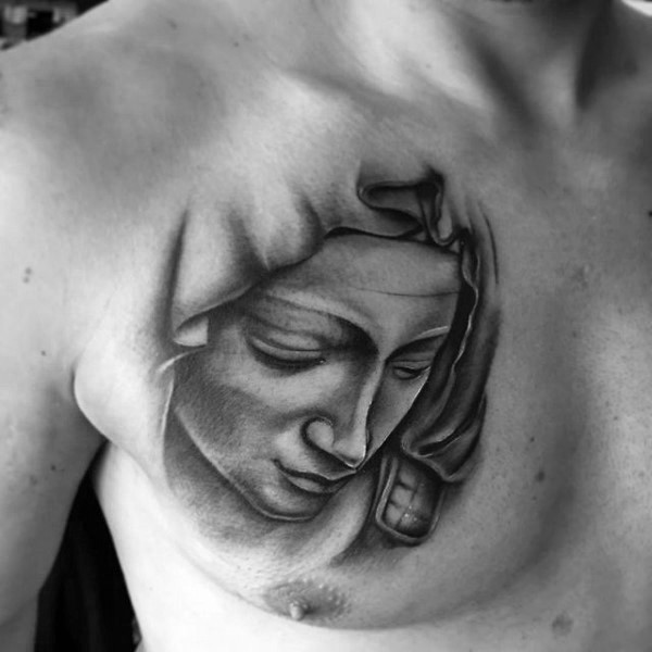Tender Virgin Mary thoughtful portrait religious tattoo on man&quots chest