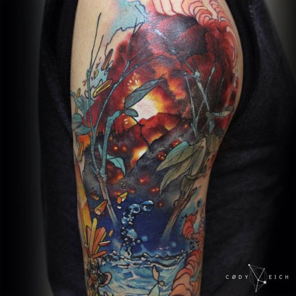 Terrific painted mystical colored sunset tattoo on arm
