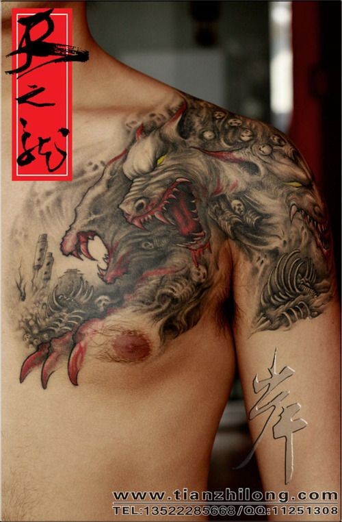Terrifying colored bloody demonic dogs tattoo on shoulder and chest area