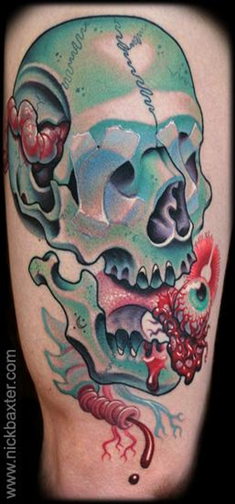 Terrifying colored human skull with bloody eye and brains tattoo