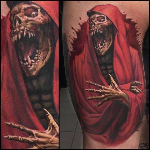 Terrifying looking colored tattoo of evil Grimm reaper