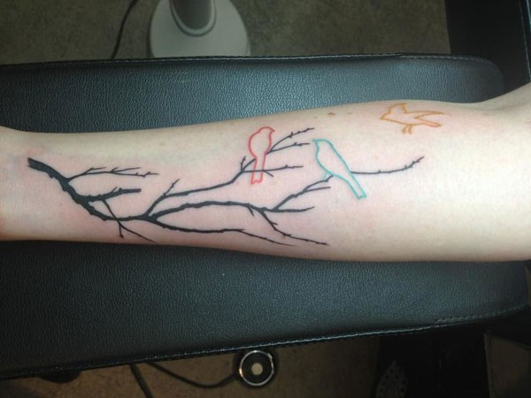 Tatuaje en el brazo, rama negra, pájaros blancos con contornos de colores